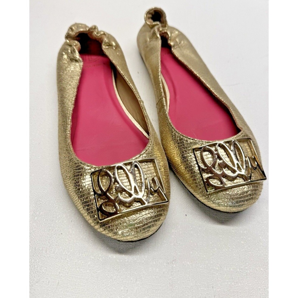 Lilly Pulitzer Ballet Flats Womens‎ 7M Gold Metallic Logo Plaque Preppy Chic